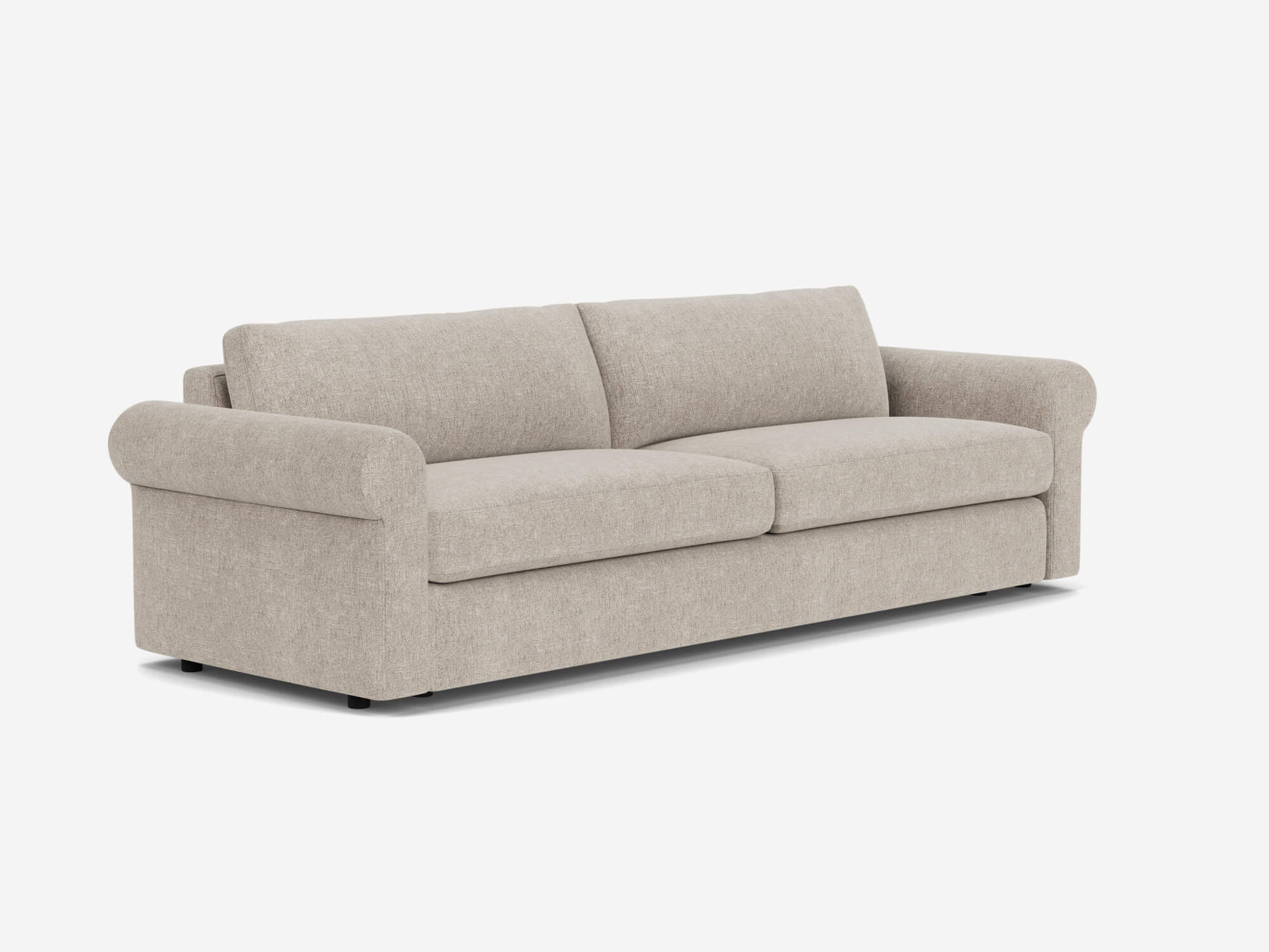 Light grey 2-seat sofa with roll arms front angle view